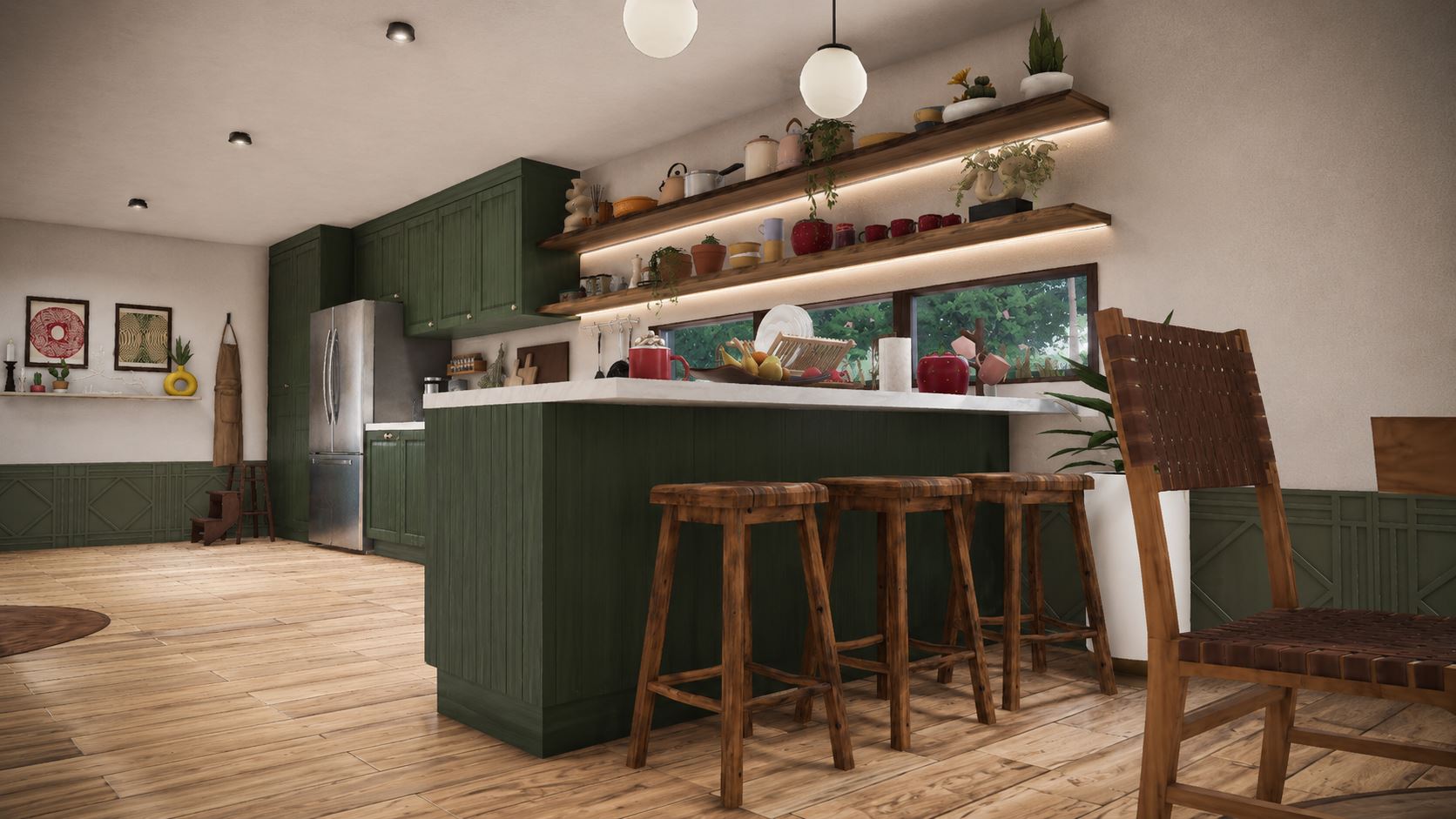 Cocina con muebles verdes, encimera blanca y estanterías de madera