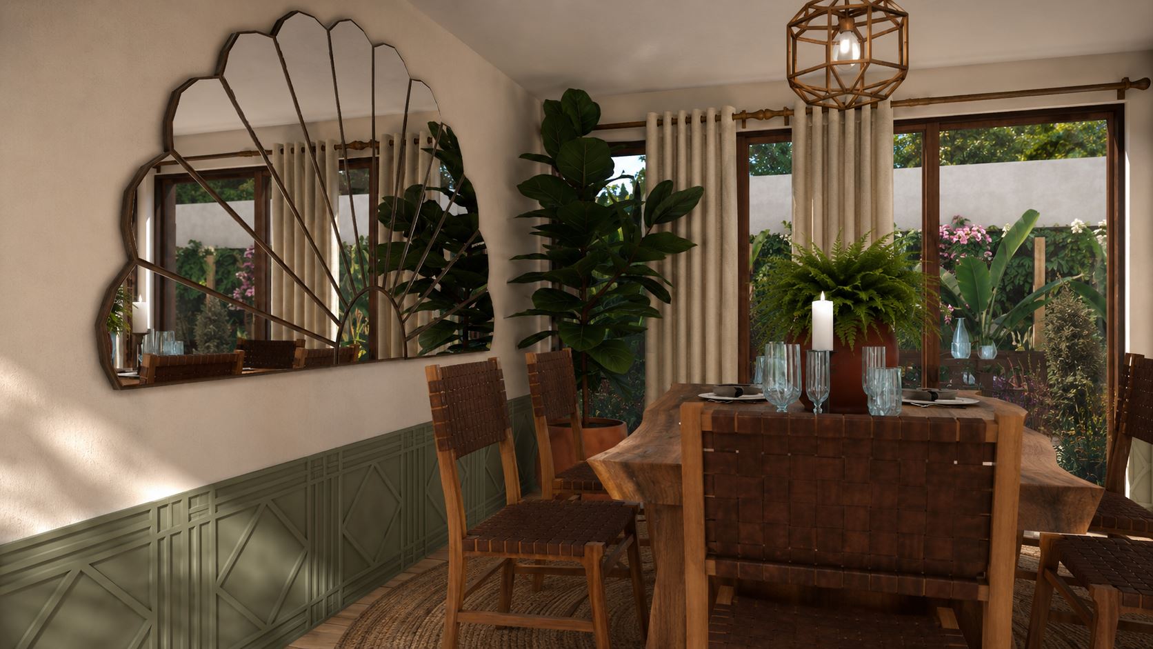 Detalle del espejo en abanico y las plantas del comedor