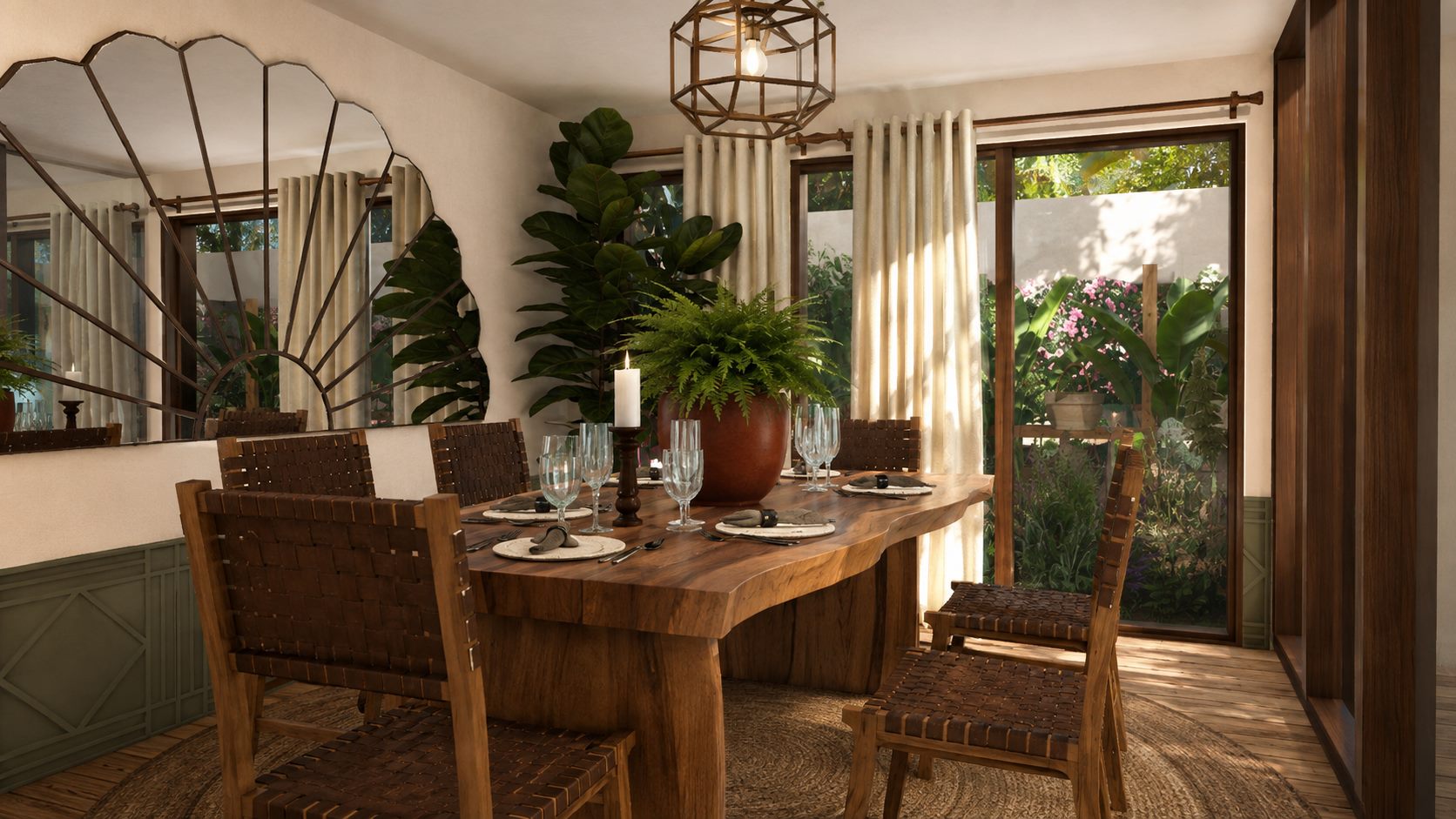 Comedor con mesa de madera, plantas y luz natural