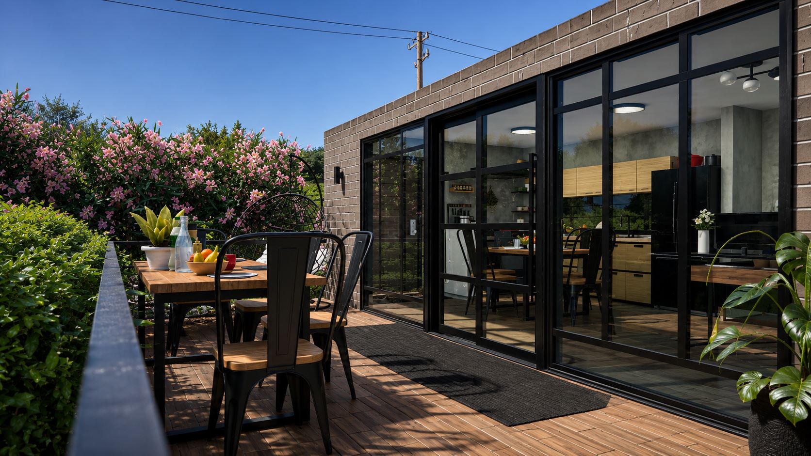Patio exterior con mesa de comedor junto a fachada de ladrillo visto